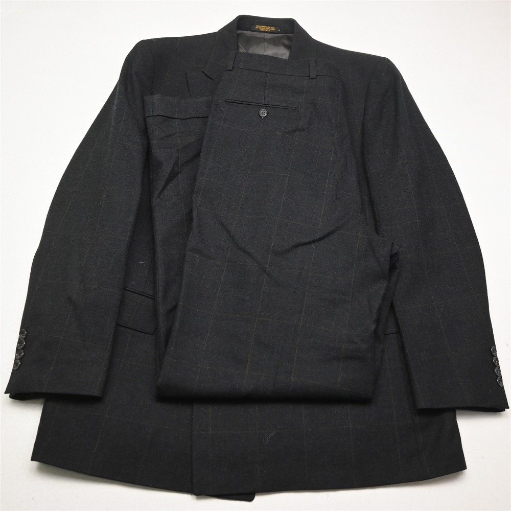 Vtg USA Made Double Breasted 42L 34x34 Gray Windowpane Wool‎ Flannel Mens Suit
